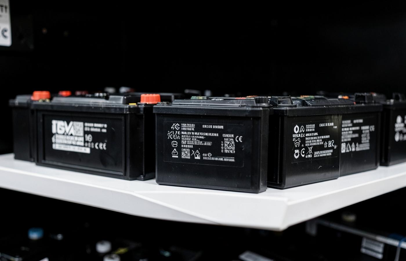 New automotive car batteries arranged on a shelf at Prime Battery House, Gurugram