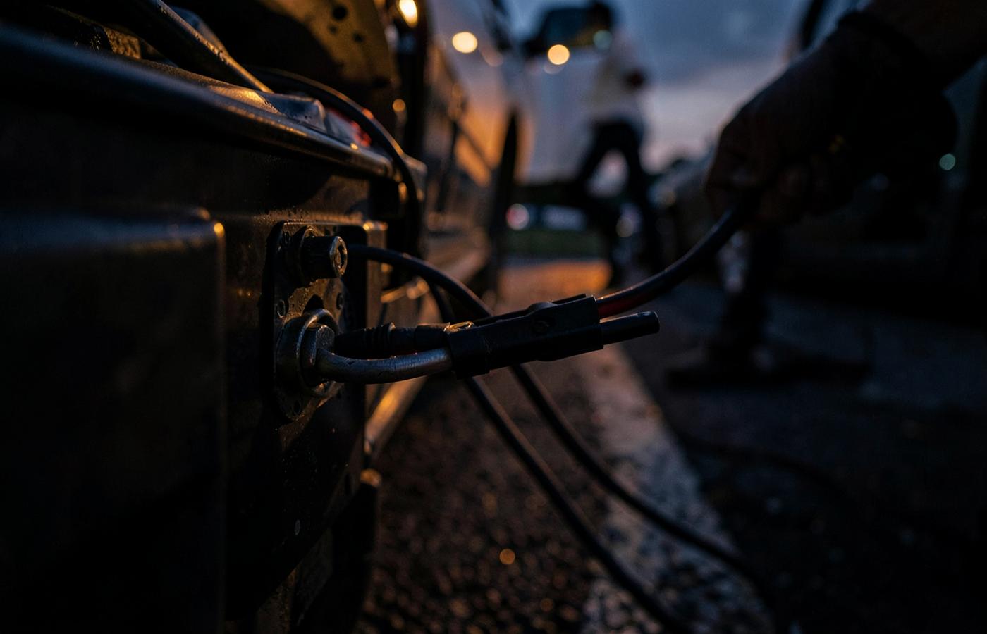 Jumper cables connected to a car battery terminal during jump start assistance in Gurugram